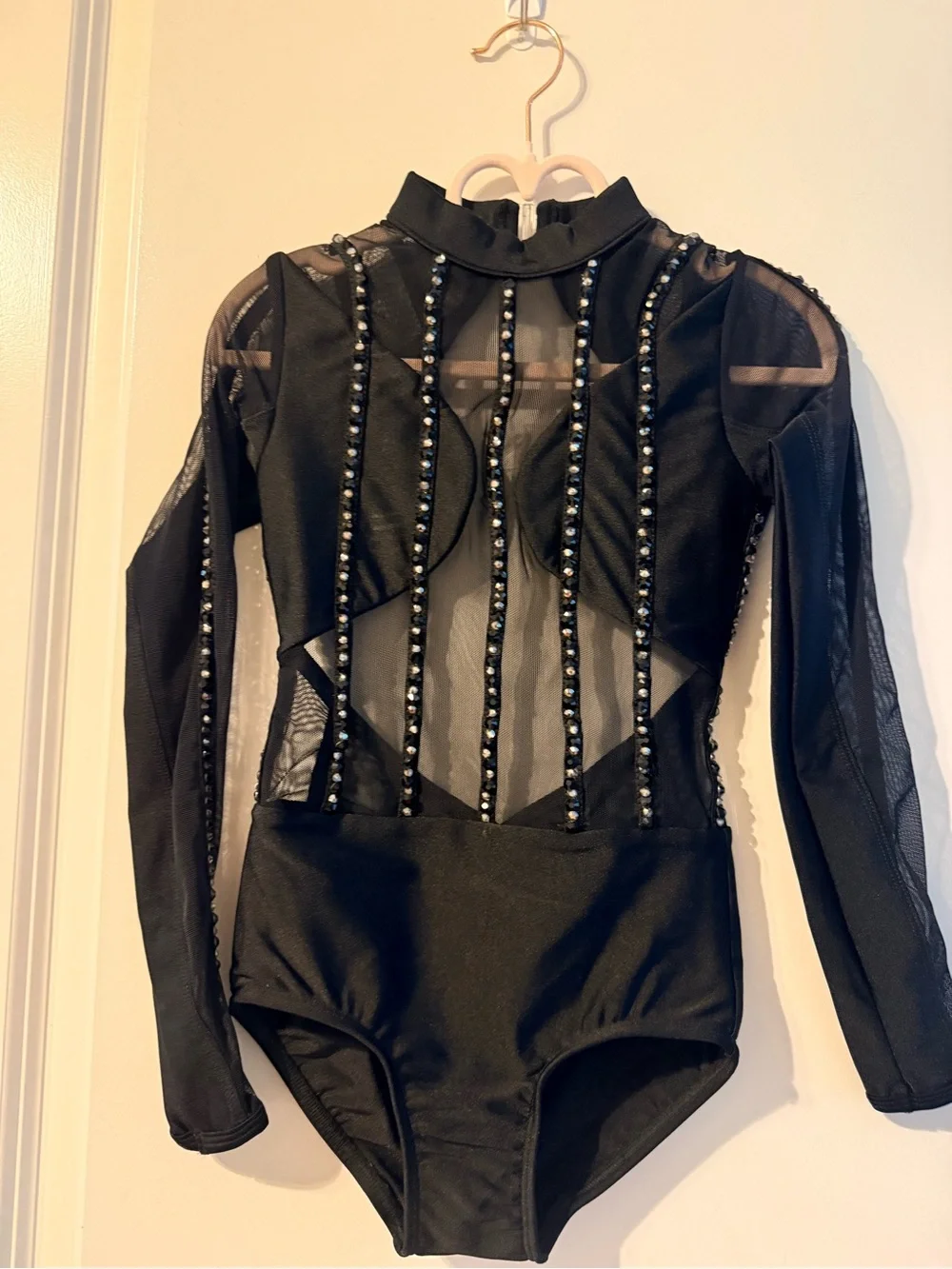 Black Embellished Mesh Kids One-Piece Leotard